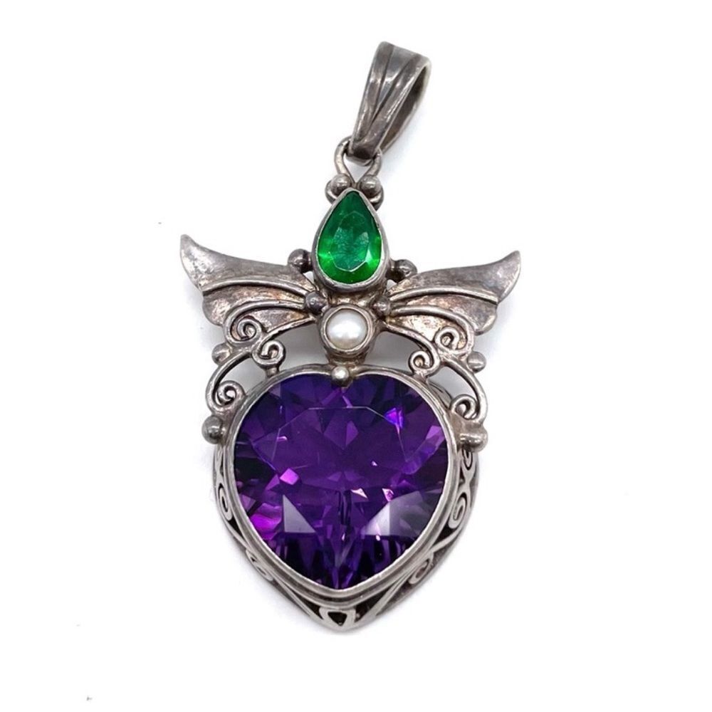 Shankari signed pendant 925 Sterling Silver w/ Amethyst, Pearls &Green C…